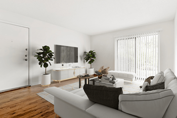 Spacious living room with plank flooring